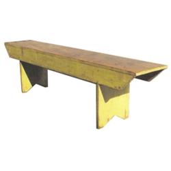 Pine bucket bench w/mustard paint & scrubbed top, apron sides, 65" L.