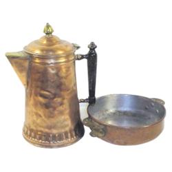 Lot of two:  copper & brass coffee pot w/wood handle, 10" H &  copper bowl with cutouts & brass hand