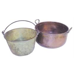 Lot of two:  Copper kettle w/brass handles, 15" Dia. & brass pail, 12" Dia.
