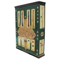 Old pine four door/two drawer cupboard, painted in 1990's w/great Indian designs, artist signed, 60"