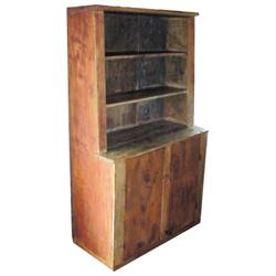 Stepback cupboard w/open top & two doors below, oxblood red over pine, 70"H x 42"W.