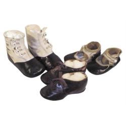 Three pair of vintage  leather baby shoes: leather ties w/leather soles, black & white single button