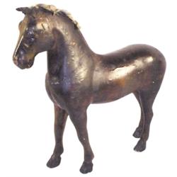 Hand carved horse w/glass eyes, hemp tail & mane, leather ears, C. 1880, VERY RARE, 19"H x 19"L.