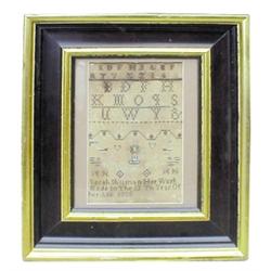 1808 sampler, made by Sara Shuman, framed, 21 H.