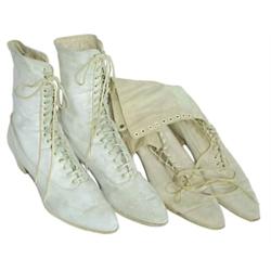 Lot of two:  Vintage ladies white high top laced shoes w/chunk heel & early canvas high top laced sh