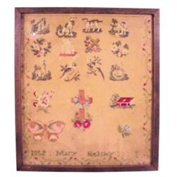 Framed 1852 Mary Heasley sampler, 12 W x 13 1/2 H.