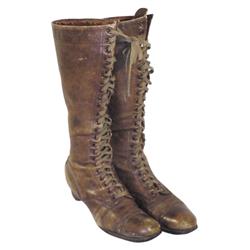 Ladies vintage brown leather high top shoes, 14 1/2 H.