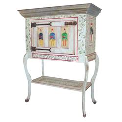 Contemporary "Folk Art" cabinet w/carved figures & six round interior drawers, iron hardware & truly