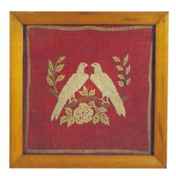 Framed needlepoint of lovebirds, great old colors, 17 1/2 W x 17 H.