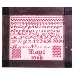 Framed 1908 red & white sampler, French, 12 1/2"H x 14 1/2"W.