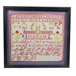 1888 sampler, nicely framed, old reds, blues & mustard colored, 16 1/2"W x 15 1/2"H.