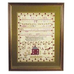 Very old framed sampler of house, great old colors, 29"H x 23 1/2"W.