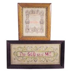Lot of two:  1894 Benton Co., IA, certificate & religious sampler in Victorian walnut frame.