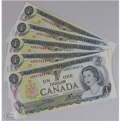 1973 CANADIAN UNCIRC. $1 CONSECUTIVE #S X5