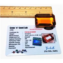 CITRINE QUARTZ EMERALD CUT GEMSTONE & COA