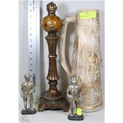LARGE ART STEIN 16"H W/ 2 METAL KNIGHT IN ARMOUR