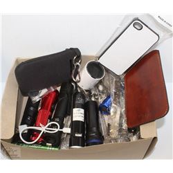 BOX OF ELECTRONICS INCL FLASHLIGHTS. USB CORDS ETC