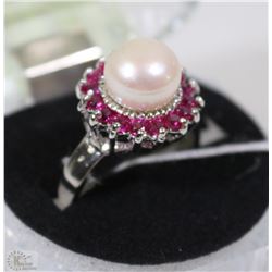 #40- AKOYA PEARL, RED RUBY.925 SOLID SILVER RING