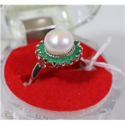 #52-AKOYA PEARL,EMERALD .925 SOLID SILVER RING