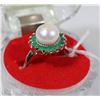 Image 1 : #52-AKOYA PEARL,EMERALD .925 SOLID SILVER RING