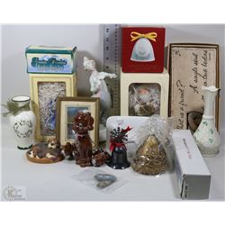 BOX OF FIGURINES, PICTURE FRAME, VASES, AND MORE!