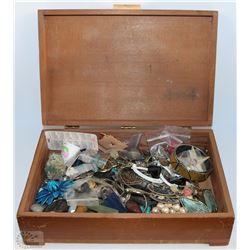 JEWELRY BOX WITH JEWELRY AND POLISHED ROCKS