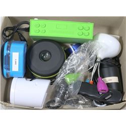BOX WITH SPEAKERS, CHARGERS AND ETC