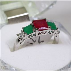 #42-NATURAL RUBY,EMERALD,CZ .925 SOLID SILVER RING
