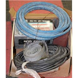 BOX WITH SPRAY GUN, HOSES AND BELT SANDER SHEETS