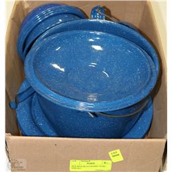 BOX WITH BLUE ENAMEL WARE DISH SET