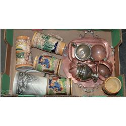 6  BEER MUGS & SIGNED COPPER TRAYS/CREAM/SUGAR
