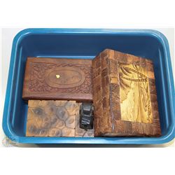 3 JEWELRY BOXES, 2 HAND CARVED AND ONE FROM CUBA