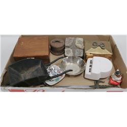 FLAT OF TRINKET BOXES, LETTER OPENER, CAST IRON