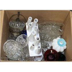 BOX OF ESTATE CANDLE HOLDERS, VASES, AND MORE!