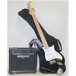 BEHRINGER ELECTRIC GUITAR, CASE & 15 WATT AMP