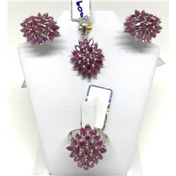 #44-STERLING SILVER RUBY EARRINGS, PENDANT & RING