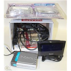 ASSORTED MISC INCL DLINK ROUTER, WESTCLOX ALARM,