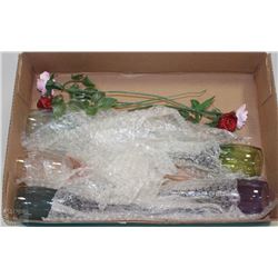 FLAT OF BOUQUET GLASSES AND PORCELAIN FLOWERS