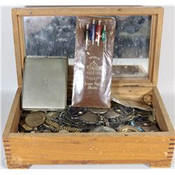 WOOD JEWELLERY BOX WITH COINS, JEWELLERY ETC
