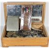 Image 1 : WOOD JEWELLERY BOX WITH COINS, JEWELLERY ETC