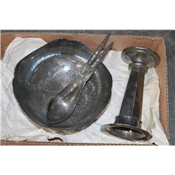 BOX W/BRASS BOWL & PEWTER UTENSIL SET & VASE