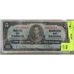 1937 CANADIAN $5 DOLLAR BILL