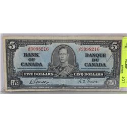 1937 CANADIAN $5.00 BILL