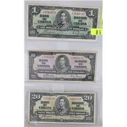 SHEET WITH $1, $10 & $20 CANADIAN BANK NOTES 1937