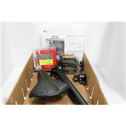 BOX W/NEW BIKE CHAIN. SEAT POST, PEDALS, AND BELL