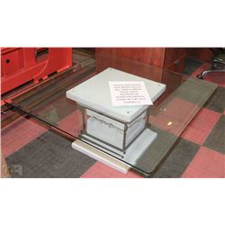 STONE AND GLASS PEDESTAL COFFEE TABLE