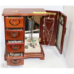 WOOD JEWELLERY BOX WITH CONTENTS