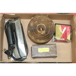 BOX WITH CARPETING SUPPLIES INCL HEAT CARPET IRON,