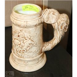 VINTAGE CERAMIC NATIVE BUFFALO HUNTING STEIN 8"X8