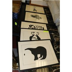 5PC SET OF FRAMED NATIVE ANIMAL SILHOUETTE PRINTS